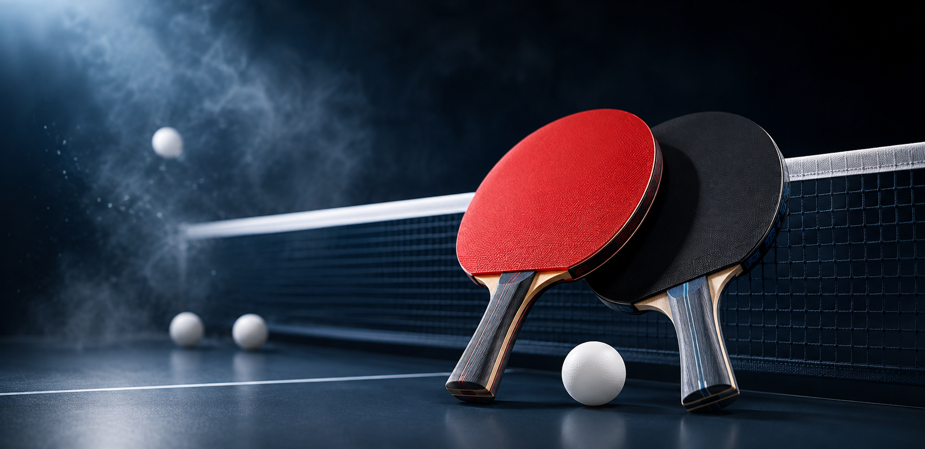 Tischtennisschläger und Ball am Netz